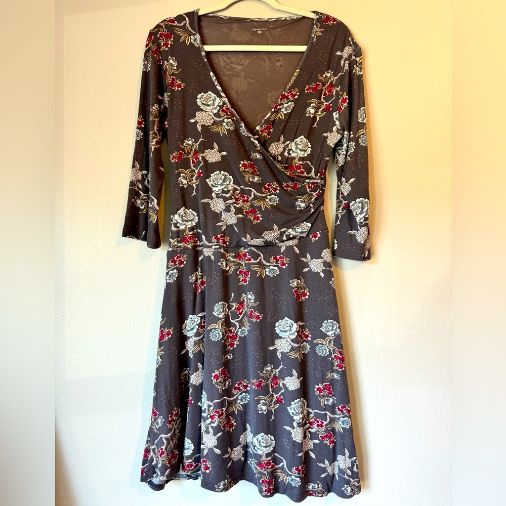 Garnet Hill Brown Floral Wrap Dress with Red and Cream Accents